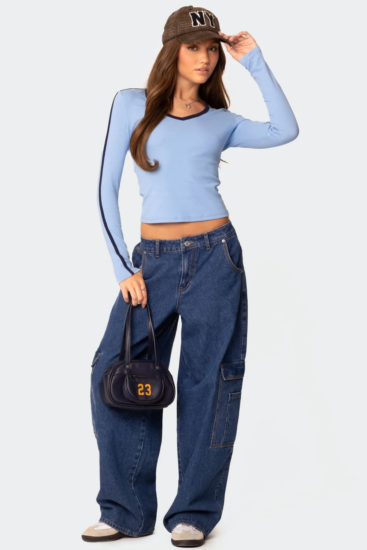 Contrast V Neck Long Sleeve T Shirt - Image 2