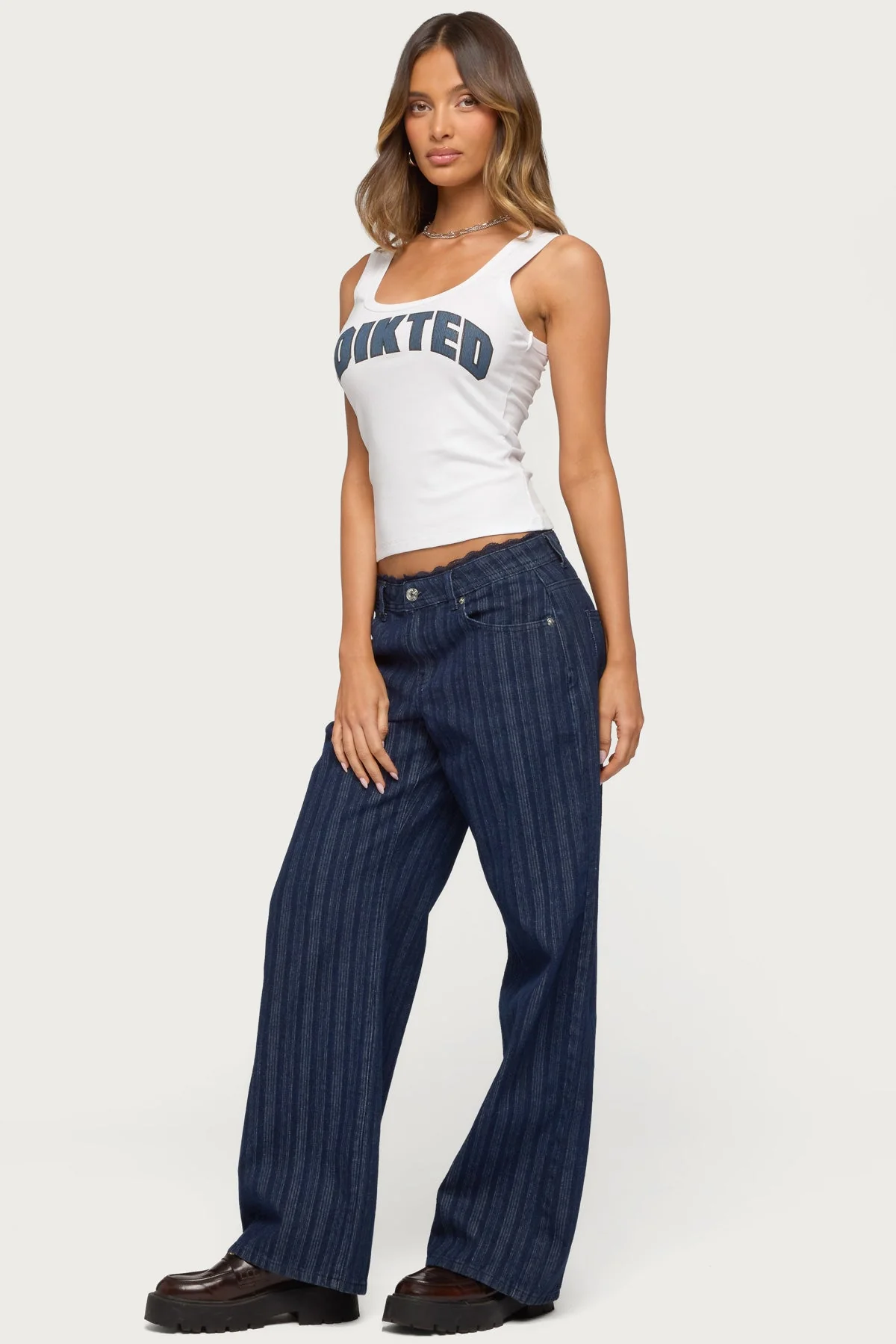 Lace Trim Striped Low Rise Baggy Jeans - Image 3
