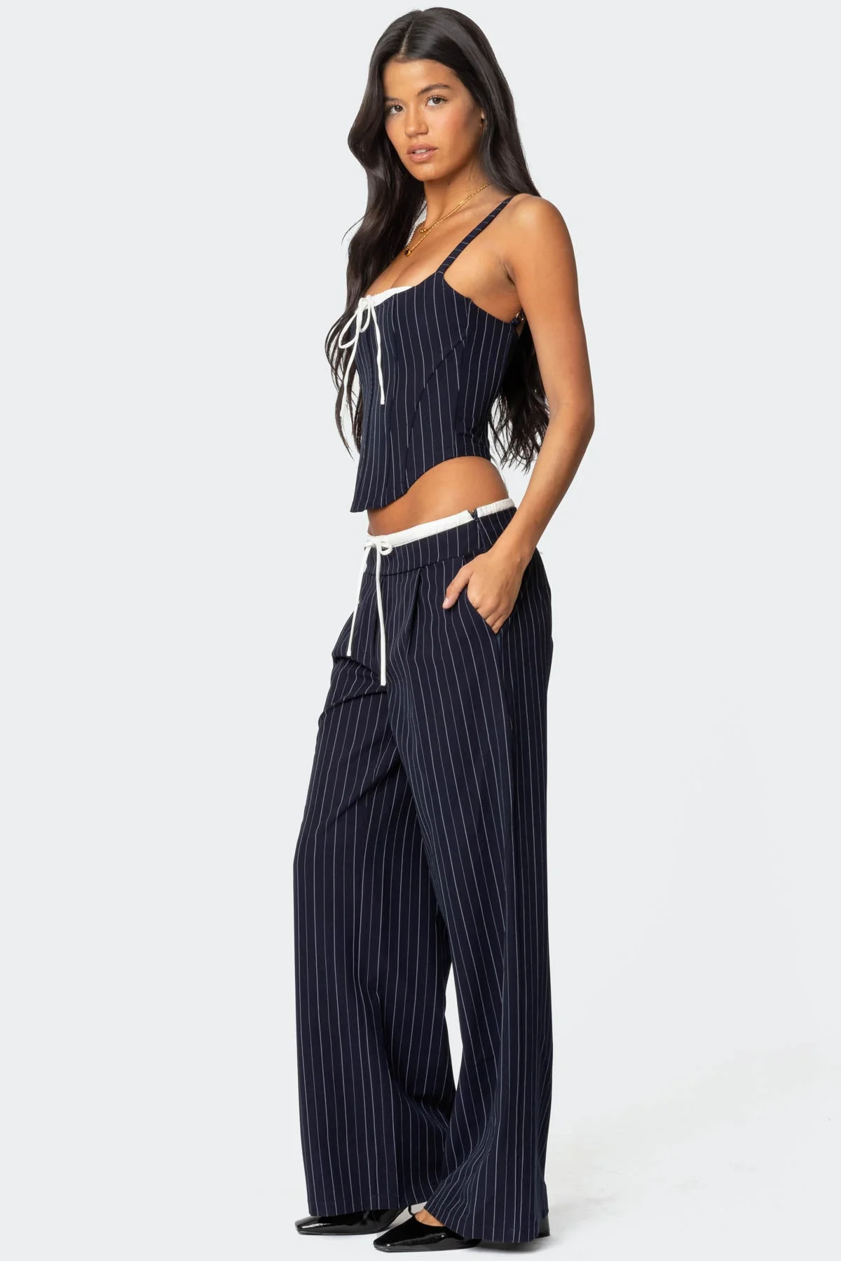 Pinstripe Peekaboo Drawstring Trousers - Image 4