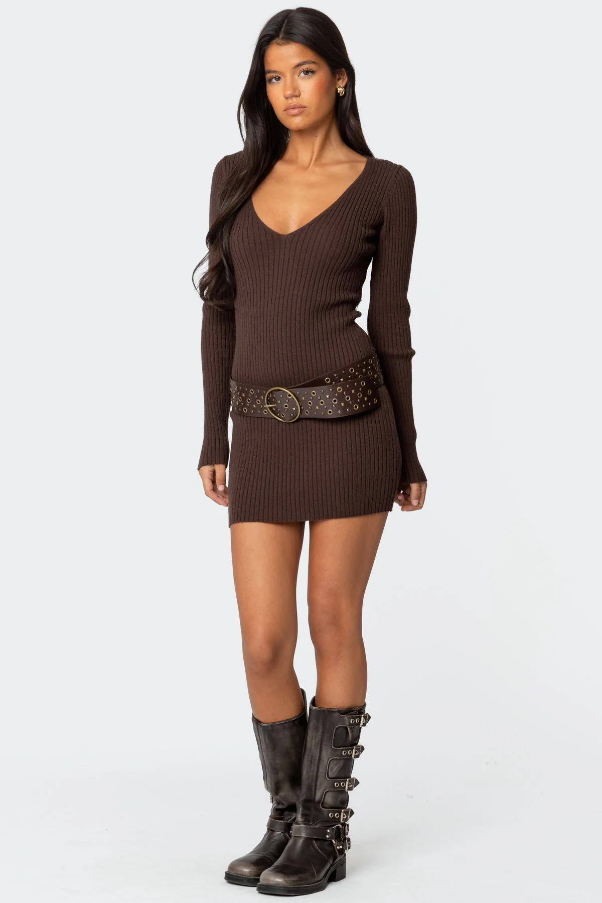 Ribbed Knit V Neck Mini Dress - Image 2