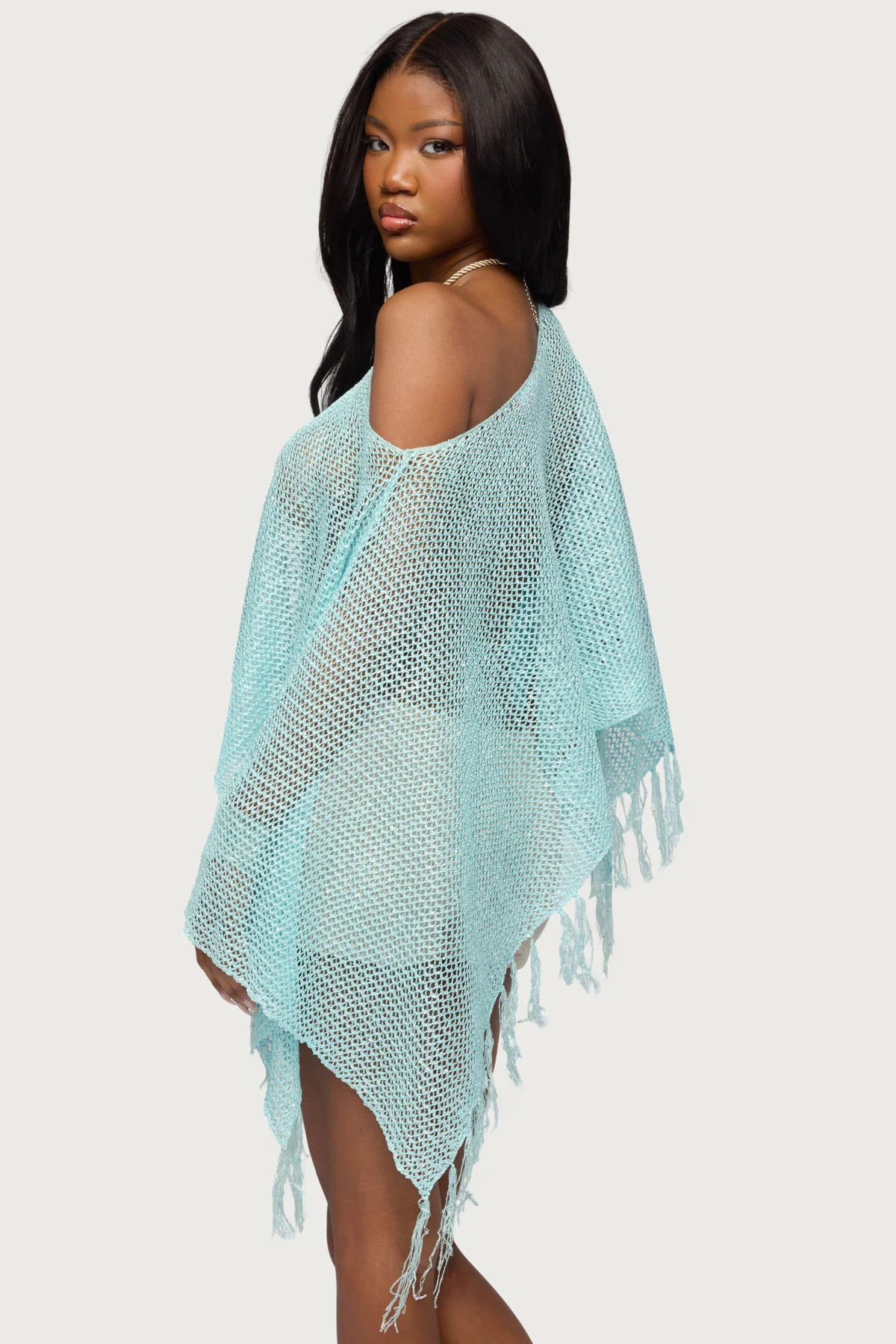 Sequin Fringe Knit Poncho - Image 4