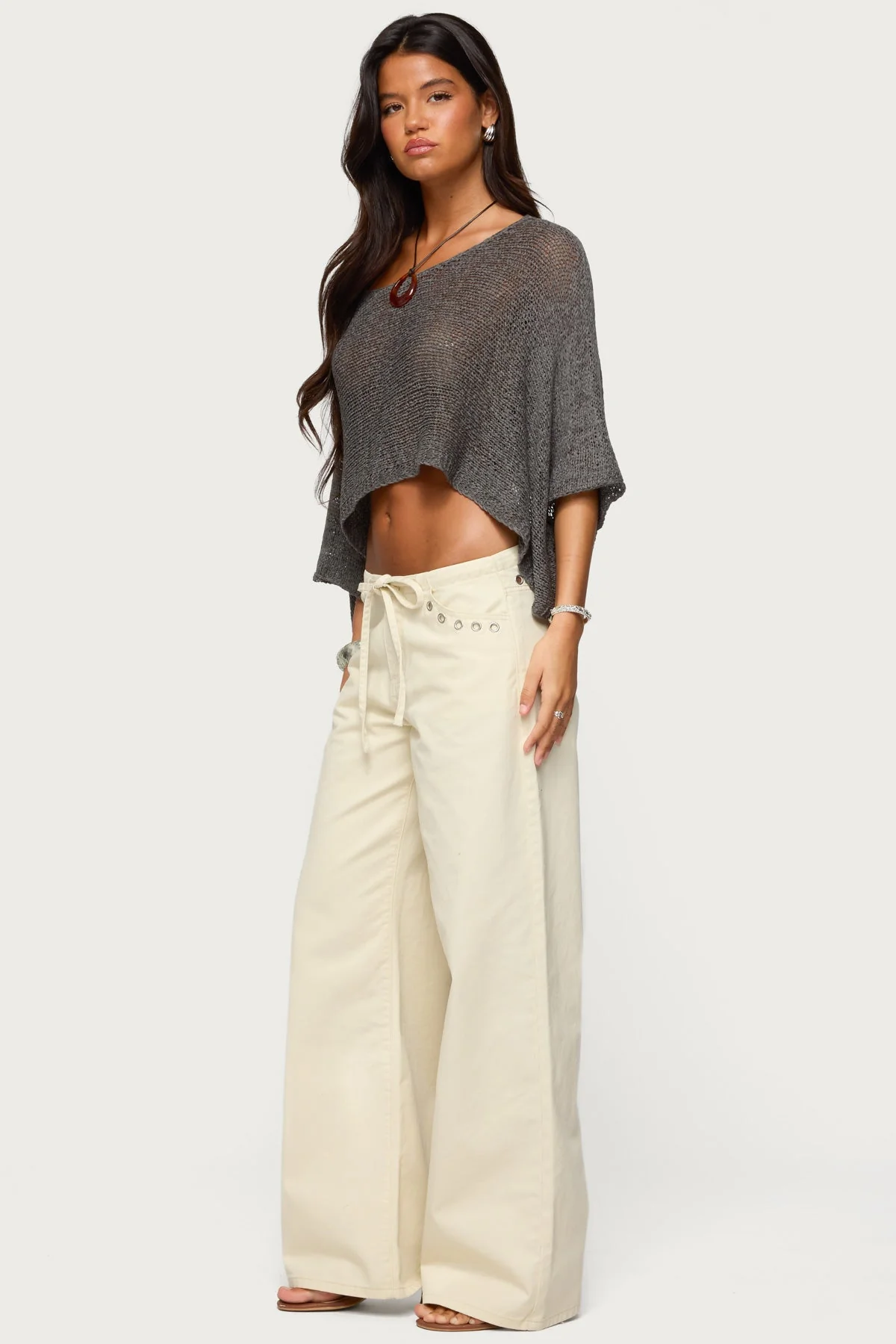 Grommet Tie Waist Low Rise Baggy Jeans - Image 4