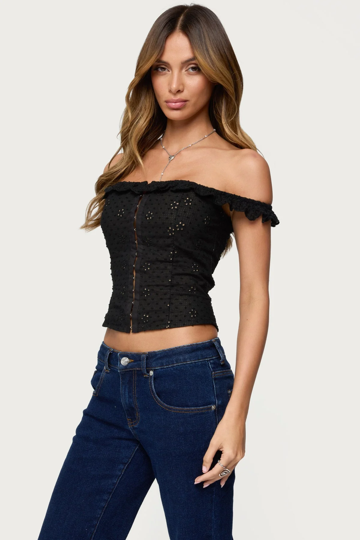 Jordana Ruffle Eyelet Off Shoulder Top - Image 3