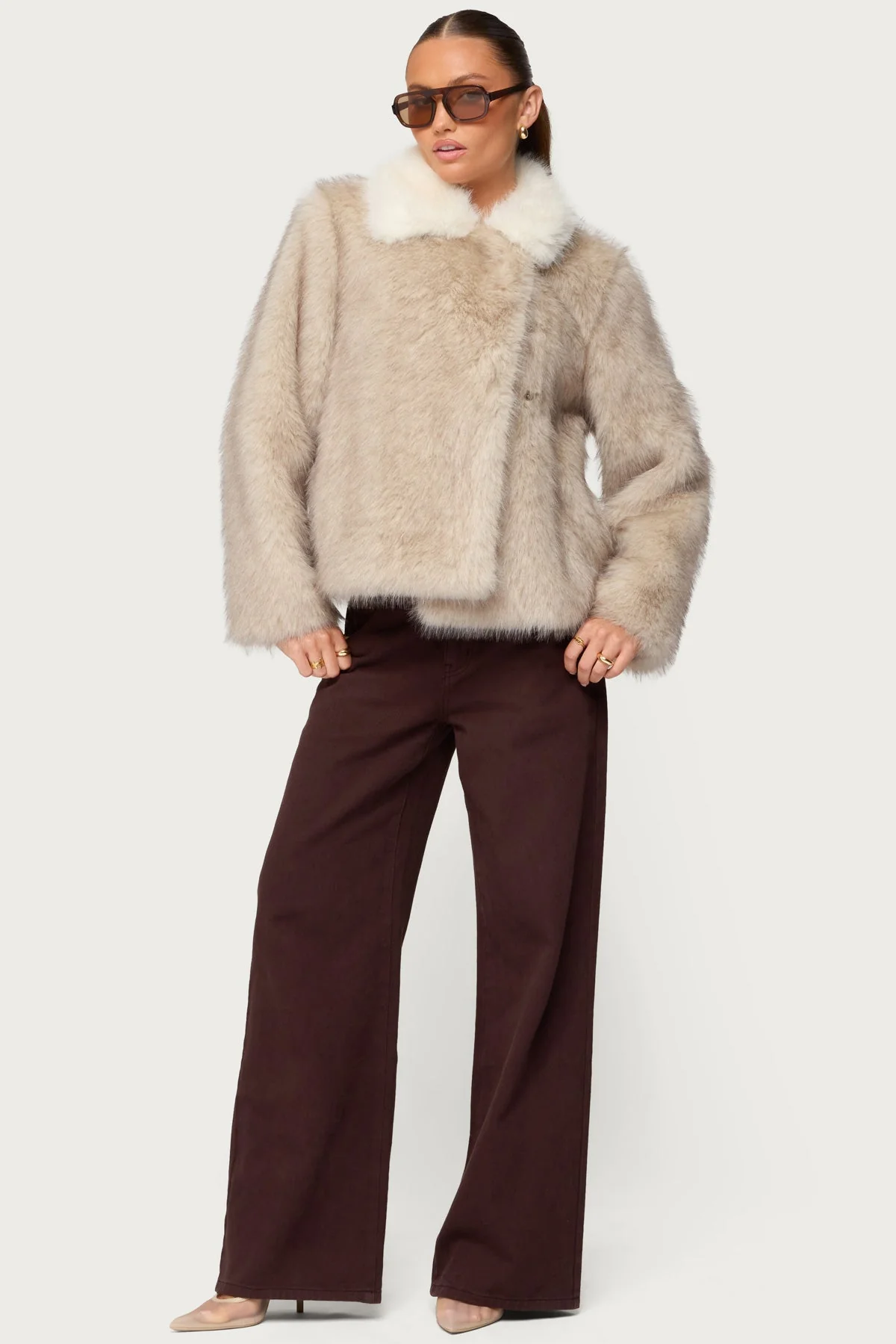Contrast Collar Faux Fur Jacket - Image 3