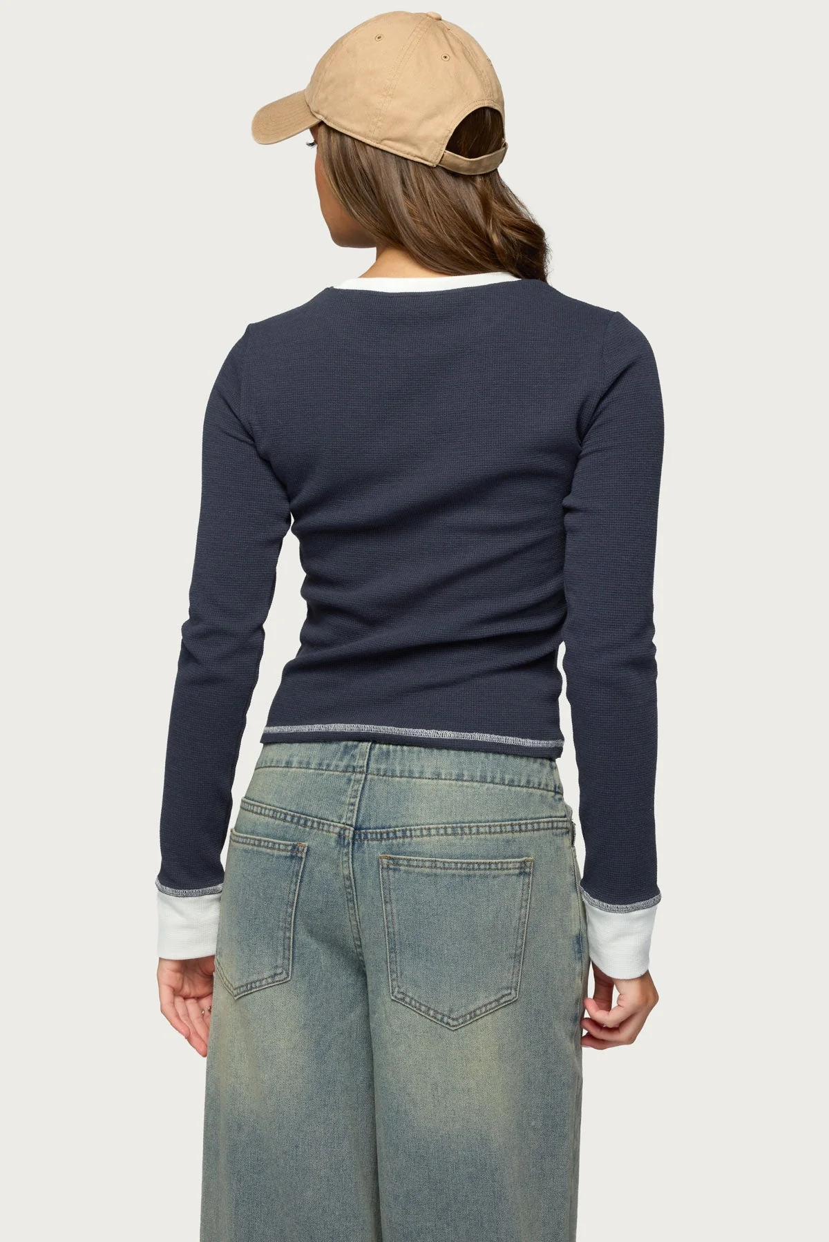 Rora Contrast Long Sleeve Waffle Top - Image 5