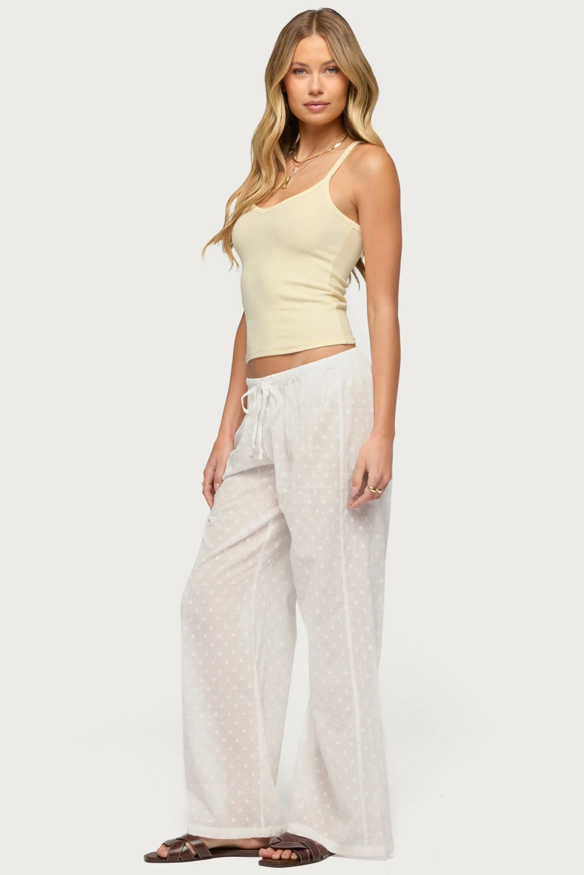 Embroidered Polka Dot Sheer Cotton Trousers - Image 3