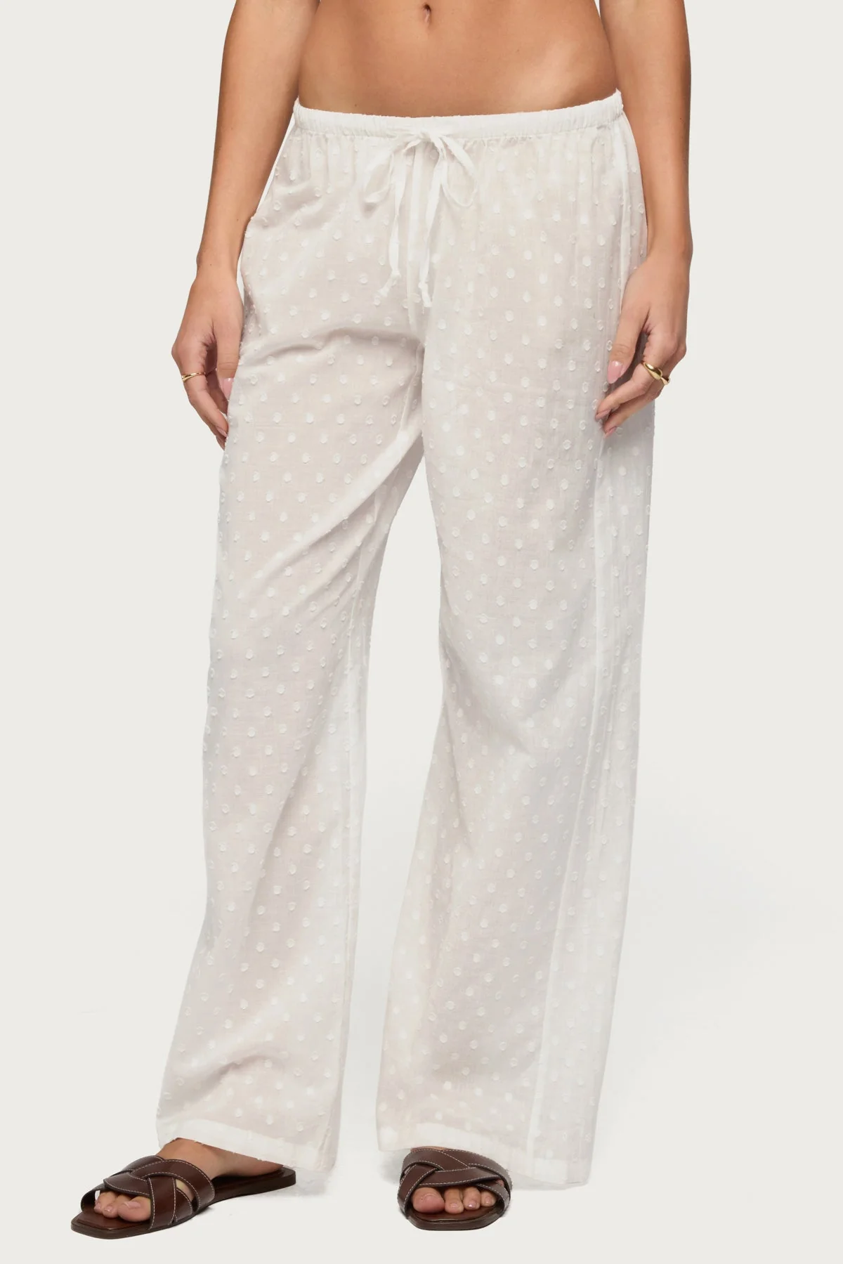 Embroidered Polka Dot Sheer Cotton Trousers - Image 4