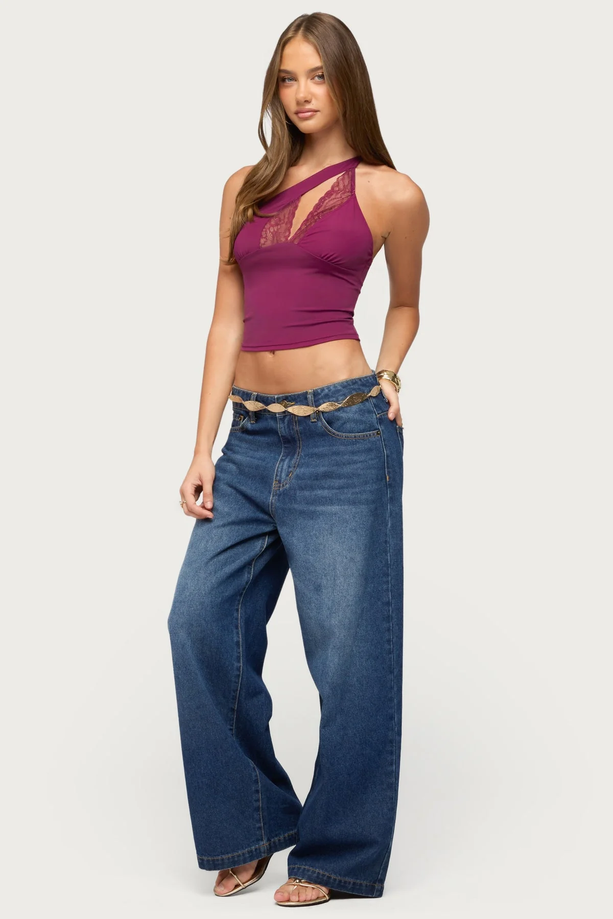 One Shoulder Peekaboo Lacey Cutout Top - Image 5