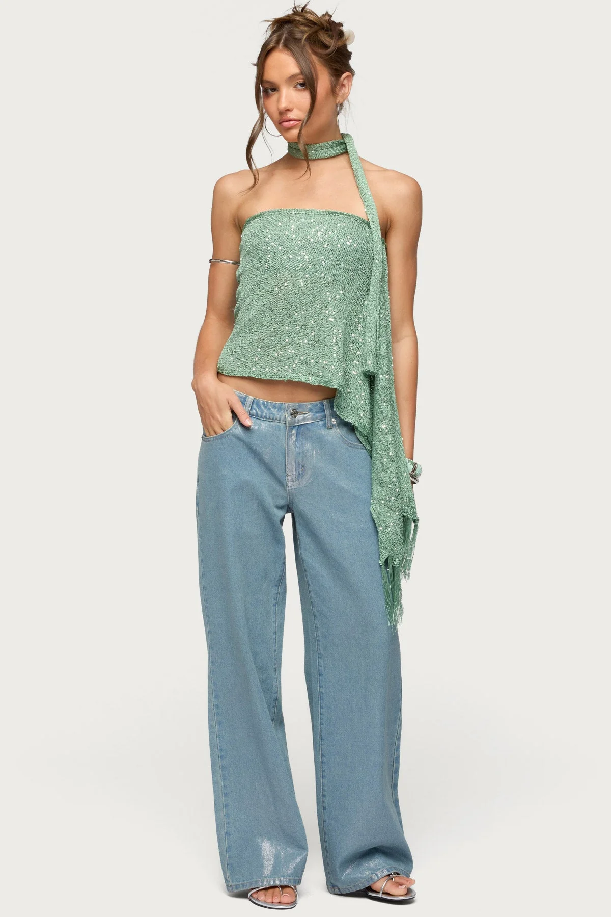 Two Piece Sequin Knit Scarf Top - Image 6